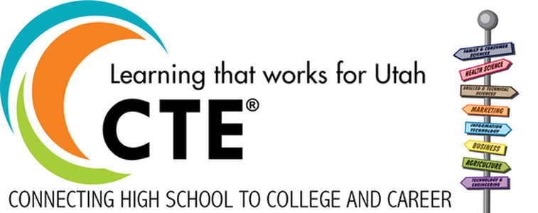 CTE Logo. Learning that works for Utah with a blue, orange, and green half swirl on the left and a stack of colorful books on the the right.